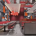 Red Restaurant Interior With Hanging Pendant Lights And Stylish Wall Decor 3d model