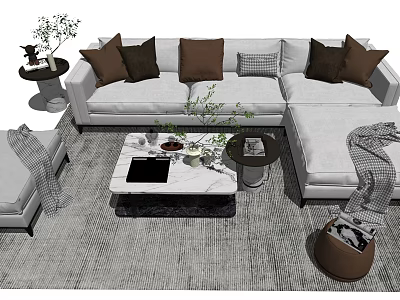 Modern Light Gray Sectional Sofa With Throw Pillows And Marble Coffee Table Set 3d model