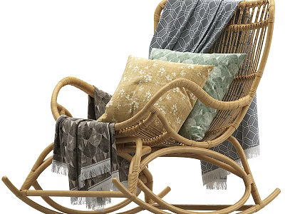 Cozy Wicker Leisure Rocking Chair with Soft Pillows and Warm Blanket 3d model
