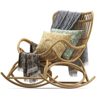 Cozy Wicker Leisure Rocking Chair with Soft Pillows and Warm Blanket 3d model