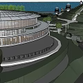 Modern Circular Building with Glass Curtain Walls Natural Surroundings Water Pond and Trees