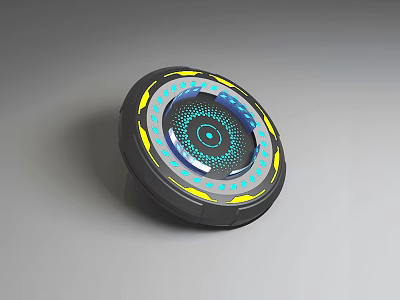 Futuristic Circular Device With Blue Yellow Glowing Rings And Central Sensor 3d model