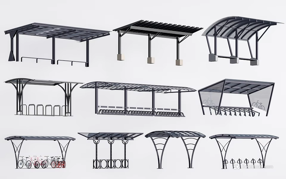 Various Modern Canopy Designs Featuring Metal Frames and Transparent Roofs 3d model 