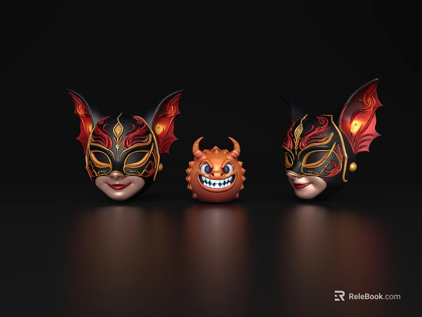 Ornate Decorative Ornament Set With Two Bat Wing Masks And Orange Little Devil Figurine 3d model 