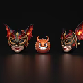 Ornate Decorative Ornament Set With Two Bat Wing Masks And Orange Little Devil Figurine