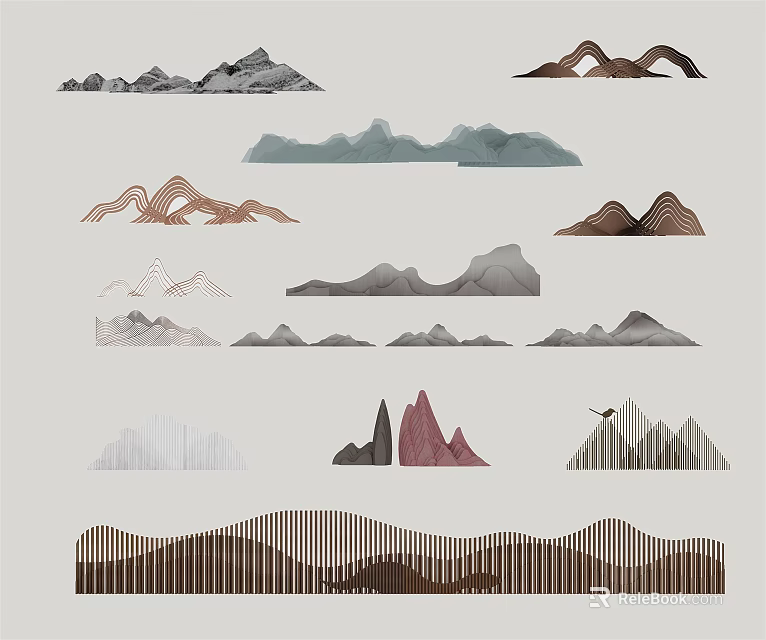 Garden Ornaments With Mountain Shaped Artistic Designs And Various Landscape Decor Elements 3d model