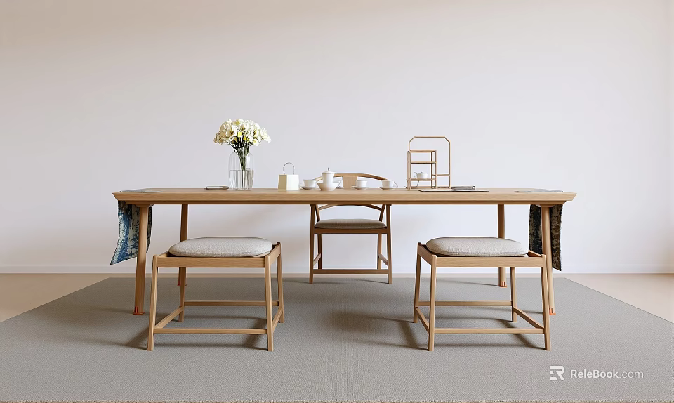 Minimalist Tea Room Interior With Wooden Table Vase Tea Set And Stools 3d model 
