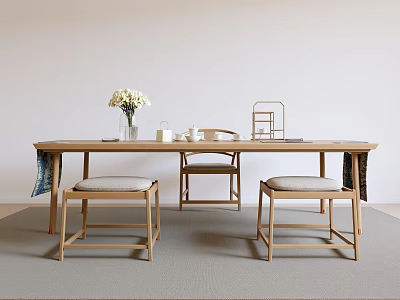 Minimalist Tea Room Interior With Wooden Table Vase Tea Set And Stools 3d model
