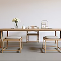 Minimalist Tea Room Interior With Wooden Table Vase Tea Set And Stools