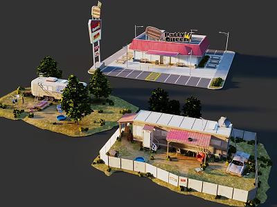 Miniature Architectural Model Featuring Gas Station RV House Parking Lot And Trees 3d model
