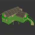 Traditional Wooden Log House Structure With Sloped Roof Wooden Stairs And Veranda Platform