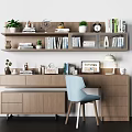 Nordic Desk Chair Solid Wood Computer Table Ornaments Combination Bookshelf Computer Desk 3d model