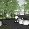 Rockery Stones In Serene Garden With Bamboo Trees Pathway Green Plants And Lanterns