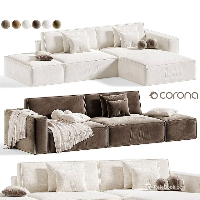 Modern Sectional Sofa Design With White And Brown Upholstery And Decorative Pillows 3d model 