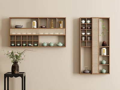 Wooden Decorative Wall Storage Shelf With Rattan Panels And Tea Sets Green Plants 3d model