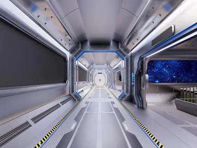 Spaceship Interior Corridor With Metallic Walls Blue Lighting And Starry Window 3d model