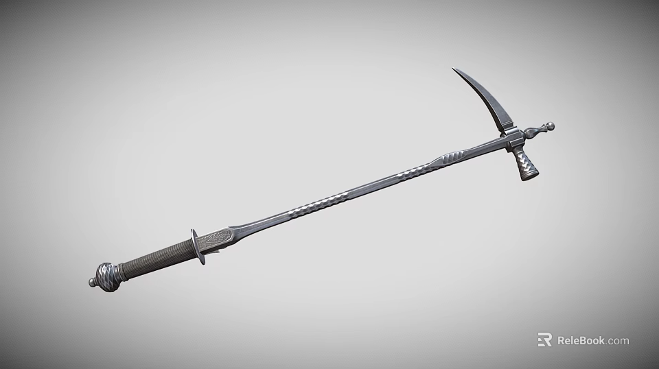 Long Handle Sickle Weapon With Metal Construction Sharp Blade And Decorative Carvings 3d model 