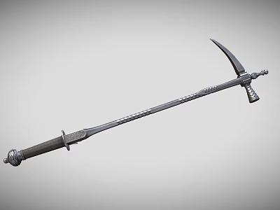 Long Handle Sickle Weapon With Metal Construction Sharp Blade And Decorative Carvings 3d model