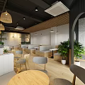 Modern Open Café With Green Plants Wooden Furniture Gray Sofas Round Tables And Pendant Lights