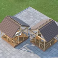 Outdoor Wooden Pergola Structure With Sloped Roof Stone Pavement Grassland And Blue Sky