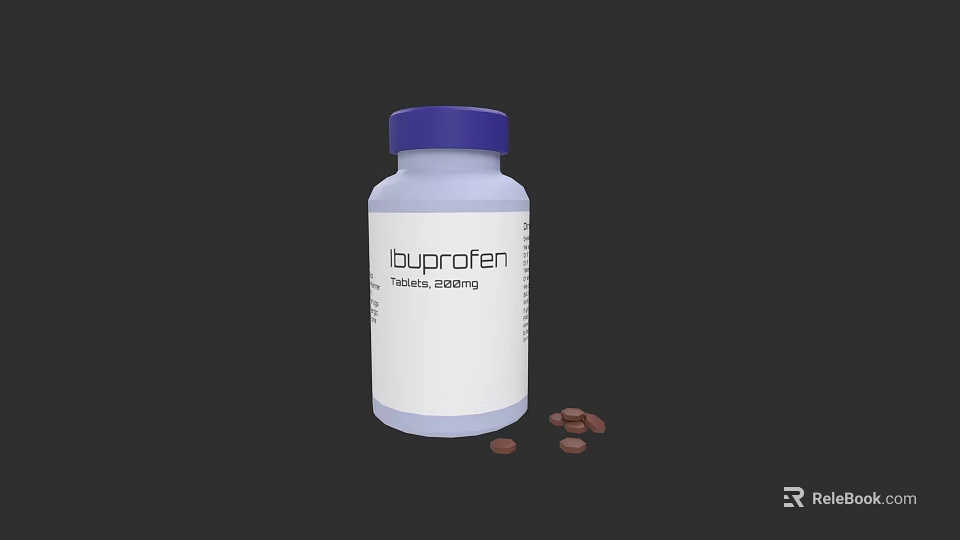 Ibuprofen Bottle With White Label Blue Cap And Scattered Tablets 3d model 