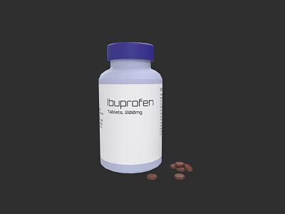 Ibuprofen Bottle With White Label Blue Cap And Scattered Tablets 3d model