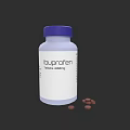 Ibuprofen Bottle With White Label Blue Cap And Scattered Tablets