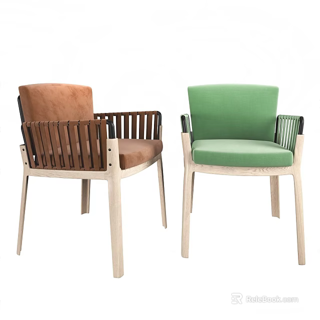 Modern Single Chair Design With Brown And Green Upholstered Seats Slatted Backs And Wooden Legs 3d model 