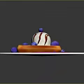 Waffle With Ice Cream Drizzled Sauce And Fresh Blueberries On White Plate Red Stripes