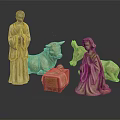 Traditional Carved Sculptures Featuring Robed Figures Ox Donkey And Gift Box