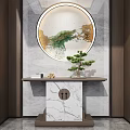 Elegant Modern Entryway Cabinet And Console Table With Round Mirror Small Pine And Marble Backdrop 3d model