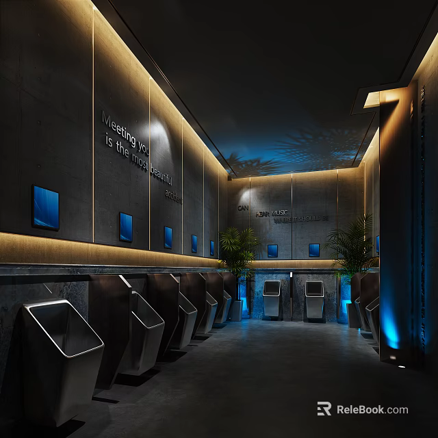Modern Public Restroom With Silver Urinals Blue Screens Warm Yellow And Blue Lighting Green Plants 3d model 