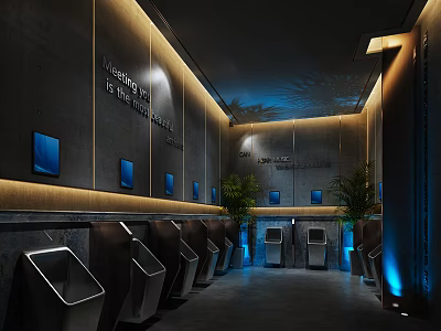 Modern Public Restroom With Silver Urinals Blue Screens Warm Yellow And Blue Lighting Green Plants 3d model