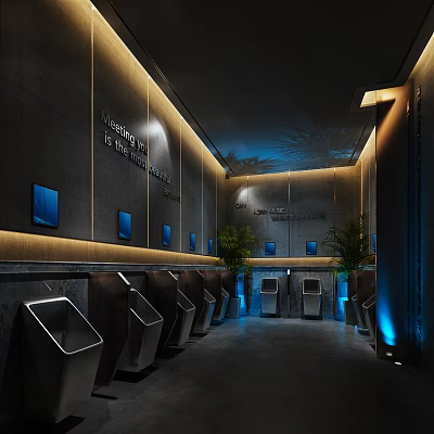 Modern Public Restroom With Silver Urinals Blue Screens Warm Yellow And Blue Lighting Green Plants 3d model
