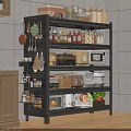 Practical Kitchen Storage Shelf With Jars Microwave Baskets Vegetables And Hanging Utensils