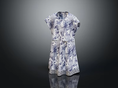 Short Sleeved White Dress With Blue Floral Print And Fitted Waist Design 3d model