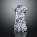 Short Sleeved White Dress With Blue Floral Print And Fitted Waist Design