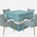 Blue Entertainment Table With Green Center Surface And Four Gray Upholstered Gold Leg Chairs