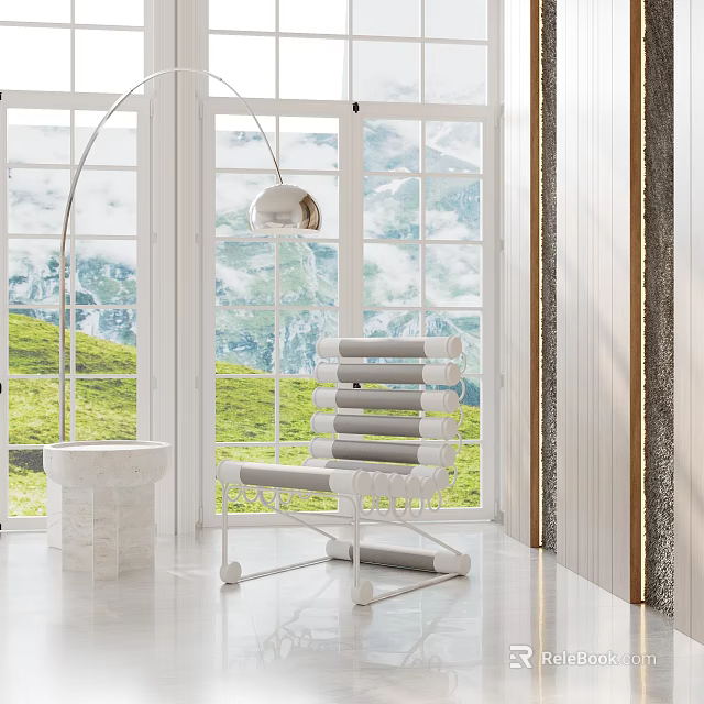 Modern Style Indoor Chair With White Gray Stripes And Green Mountain View Through Large Windows 3d model 