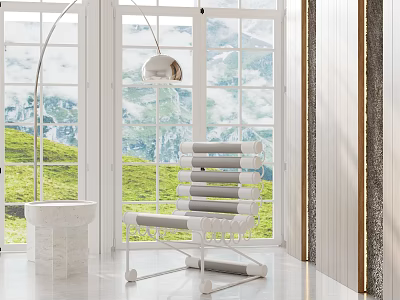 Modern Style Indoor Chair With White Gray Stripes And Green Mountain View Through Large Windows 3d model