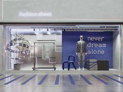 Stylish Fashion Shoe Store Window Display With Mannequin Blue Chair And Clothing Rack 3d model