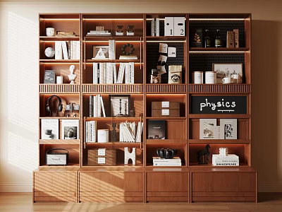 Modern Wooden Bookshelf Interior With Books Decorations Frames And Storage Compartments 3d model