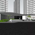Modern Garden Landscape Design With Curved Canopy And High Rise Building Entrance