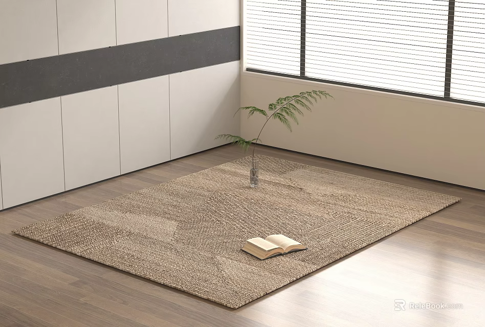 Natural Woven Square Rug with Open Book and Green Plant on Wooden Floor 3d model 
