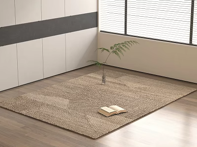 Natural Woven Square Rug with Open Book and Green Plant on Wooden Floor 3d model