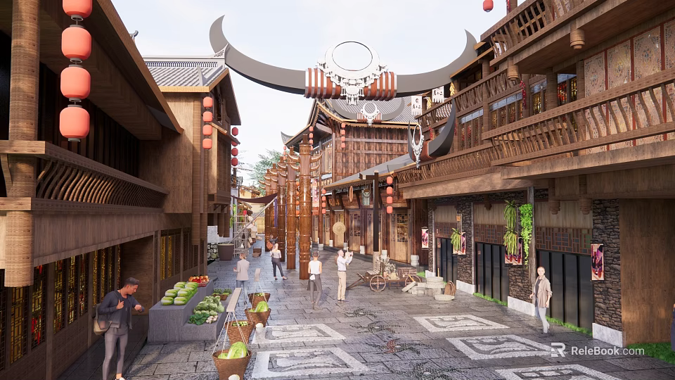 Traditional Chinese Commercial Street With Wooden Buildings Red Lanterns Stone Pavement And Pedestrians 3d model 
