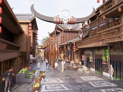 Traditional Chinese Commercial Street With Wooden Buildings Red Lanterns Stone Pavement And Pedestrians 3d model