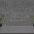Gray Wall With Yellow Red Light Projection Arranged Items And Green Plants In Black Pots