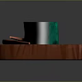 Wooden Side Table With Wood Grain Surface And Green Cylindrical Object Chopsticks