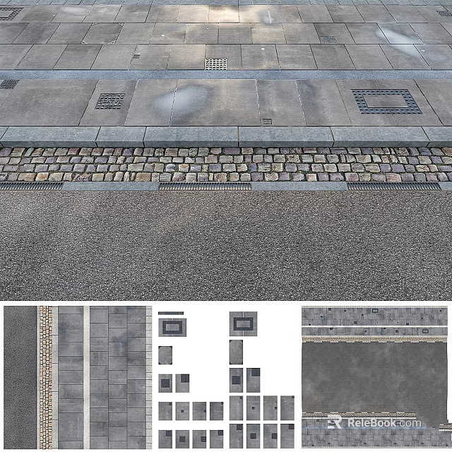 Pavement Design With Stone Slabs Cobblestone Curb And Different Pattern Samples 3d model